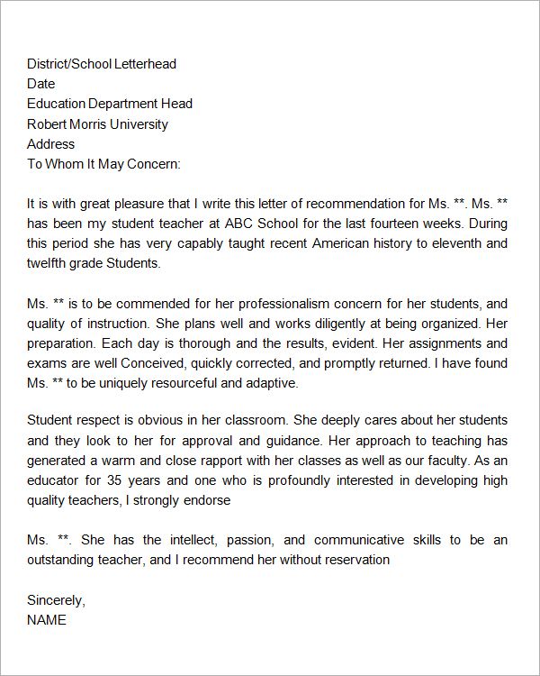 Character Reference Letter for Student in Trouble