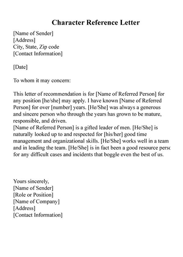 Character Reference Letter