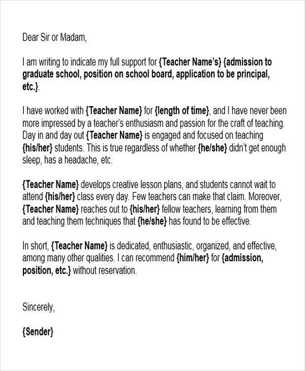 Character Reference Letter for Teacher